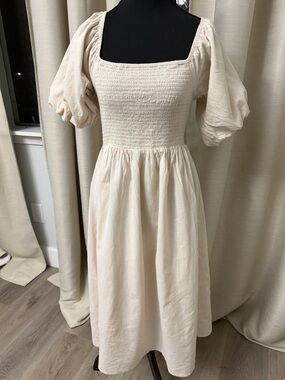 7 For All Mankind Cream Smocked Square Neck Puff Sleeve Midi Dress